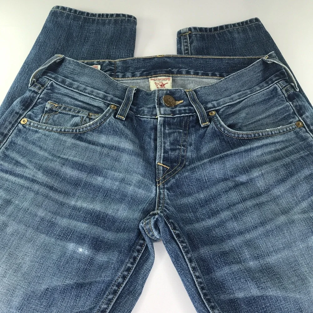 True Religion‎ Jeans Mens 28 X 32 Dark Blue Rocco Skinny Distressed Button Fly